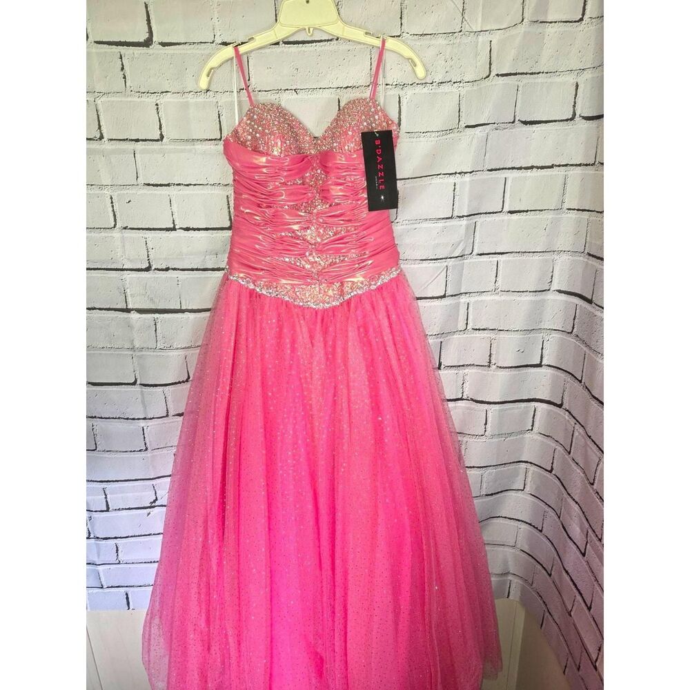 B'Dazzle Pink Glitter Tulle Sweetheart Lace-Up Corset Prom Gown Dress 4